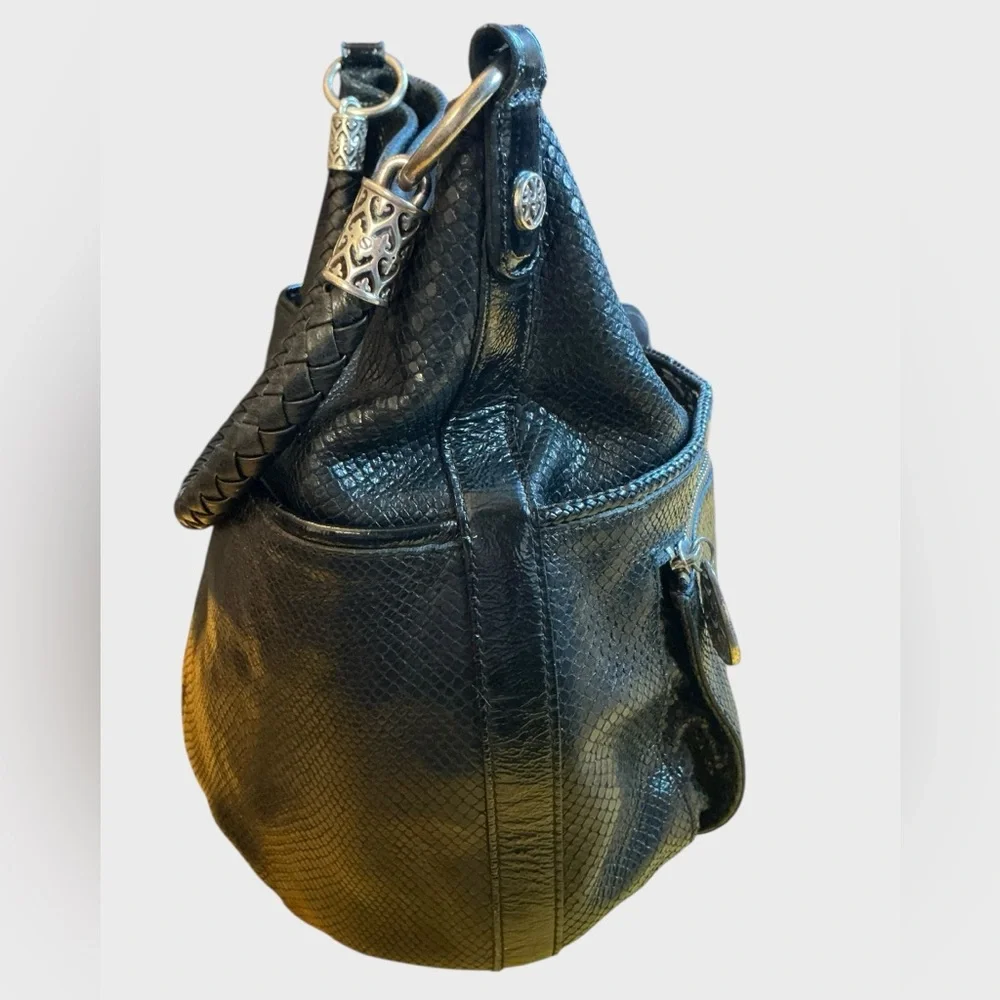 Brighton Black Leather Hobo Bag Snakeskin Embossed Silver Heart